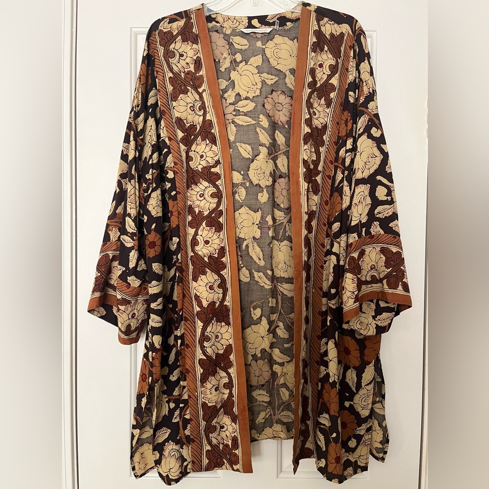Soft Surroundings Mara Topper Brown Floral Print Open Front Kimono Cardigan L - Picture 2 of 11